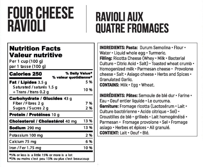 Cheese ravioli nutrition info