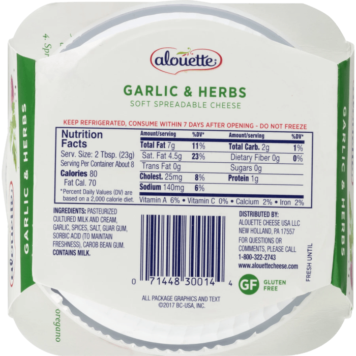 Alouette garlic and herb cheese spread nutrition