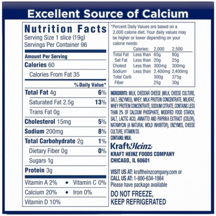 Kraft slice cheese nutrition